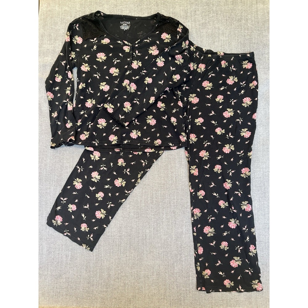 Lauren Ralph Lauren Women's Pajama Set Size Medium Black Floral Cotton 2-Piece